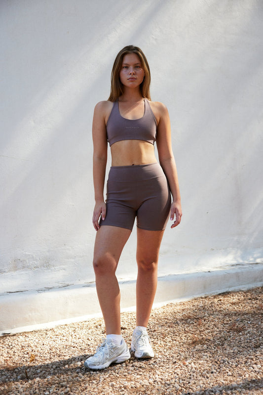 Flo organic cotton bike shorts in taupe, front view